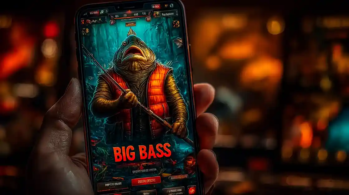A close-up of a hand holding a smartphone showcasing a BIG BASS fishing game, featuring an anthropomorphic fish character, highlighting the engaging casual games on pjok.