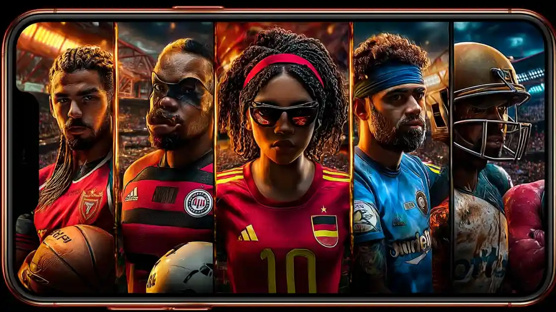A smartphone screen displays a powerful collage of diverse male and female athletes from various sports, including football and soccer, representing the comprehensive sports betting options at pjok.