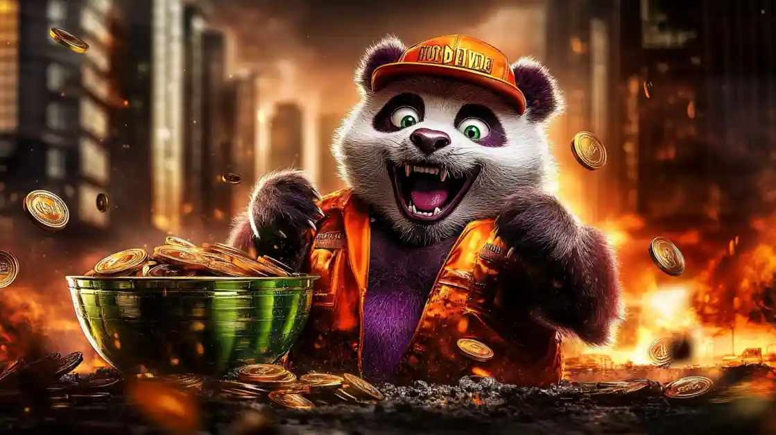 A cheerful panda character wearing an orange cap and jacket, surrounded by golden coins and a bowl of money, symbolizing wealth and good fortune with pjok.