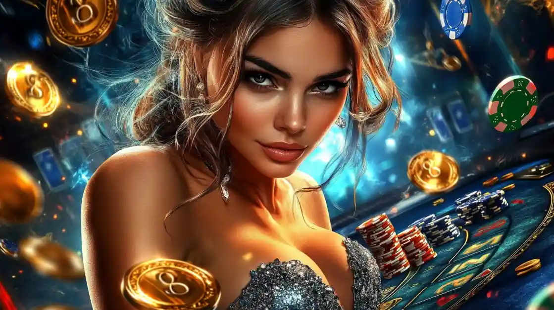 A beautiful woman in a glittering dress gives a captivating look while at a pjok casino table, surrounded by floating gold coins, casino chips, and a roulette wheel.